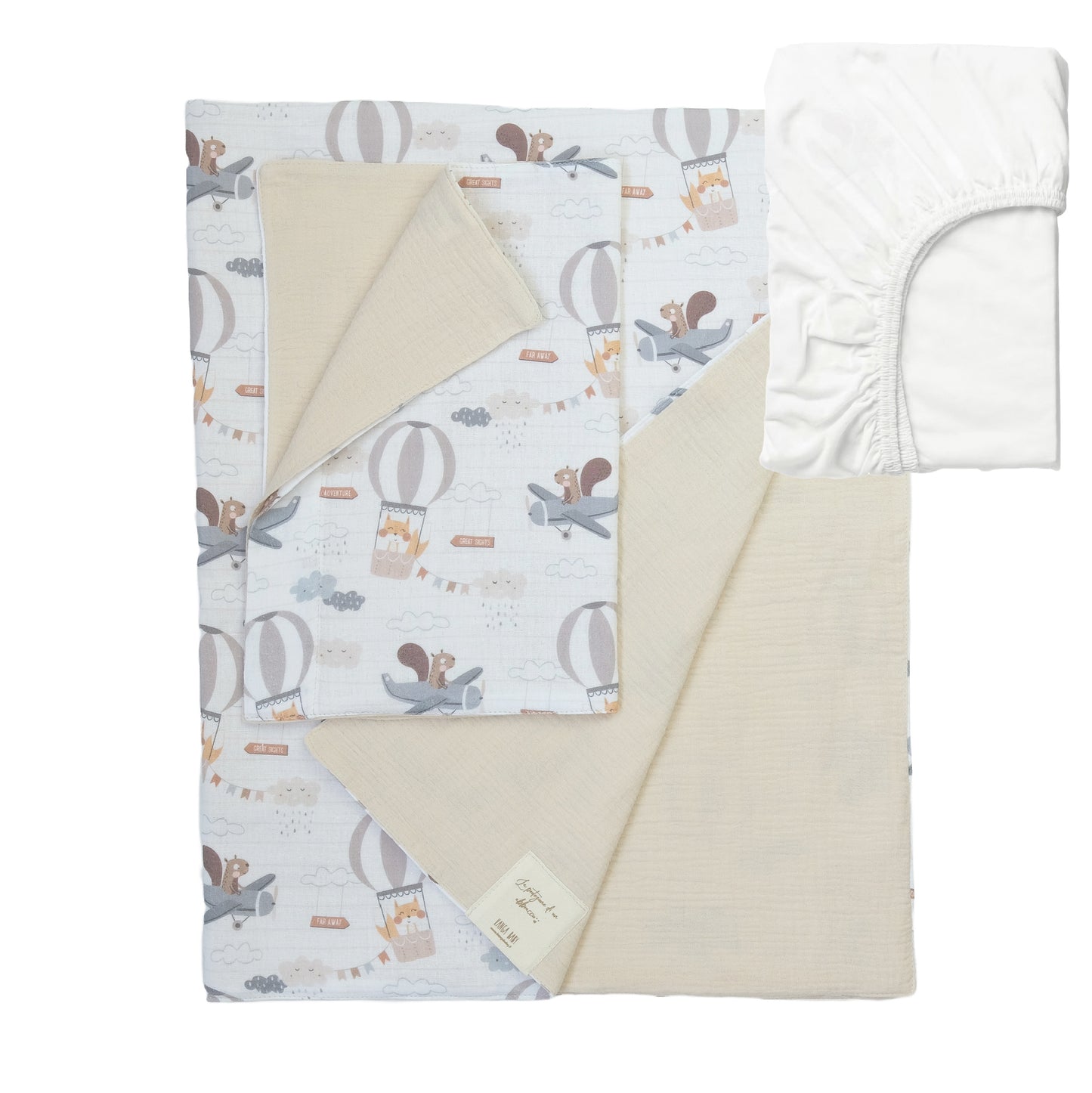 Set lenzuola Double Face in 100% cotone BIO - Animali, aerei e mongolfiere