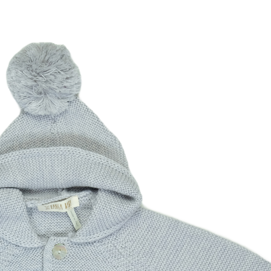 Giacca con cappuccio e PON PON 100% pura lana vergine - GRIGIA