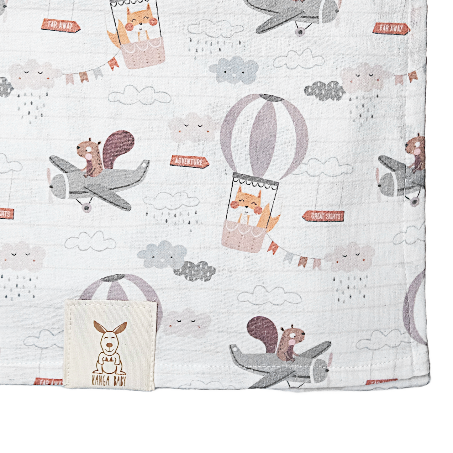 Mussola in 100% cotone BIO - Animali, mongolfiere e aerei